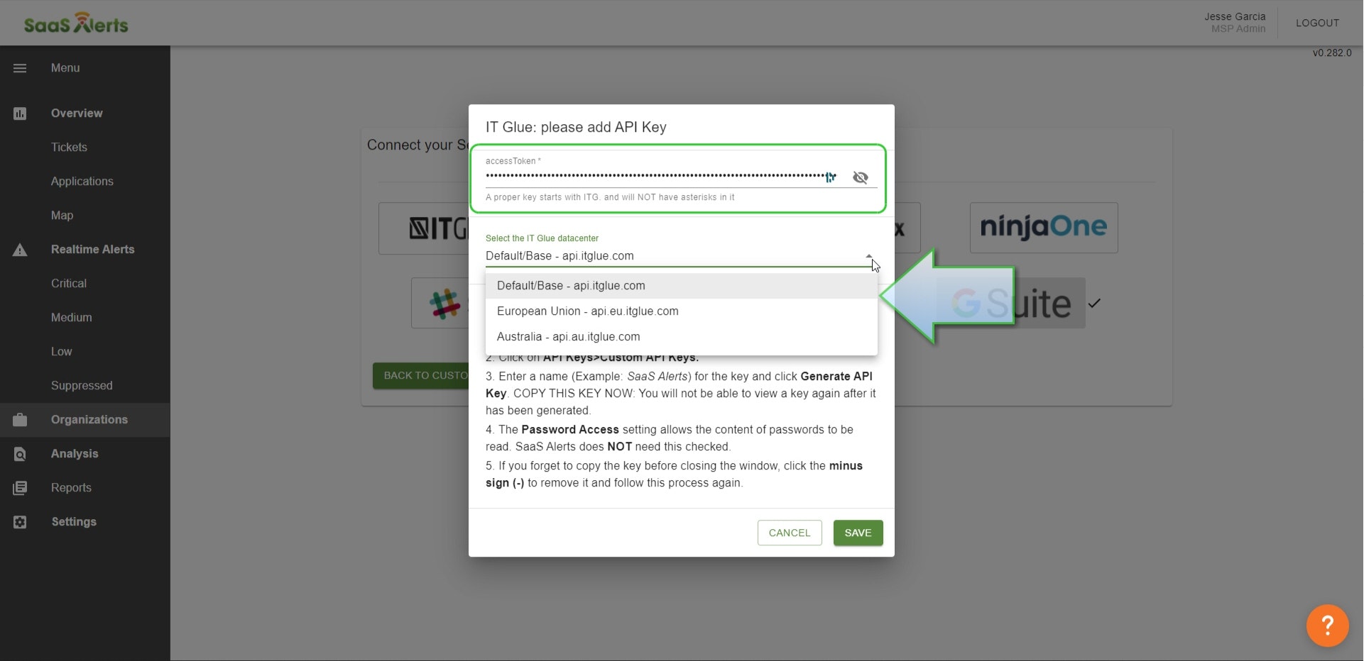 Setup instructions for IT Glue Saas Alerts
